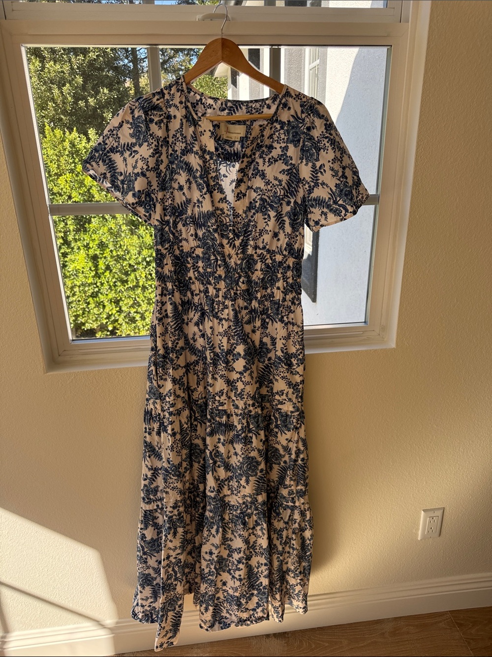 Anthropologie Blue and White Floral Tiered Maxi Dress